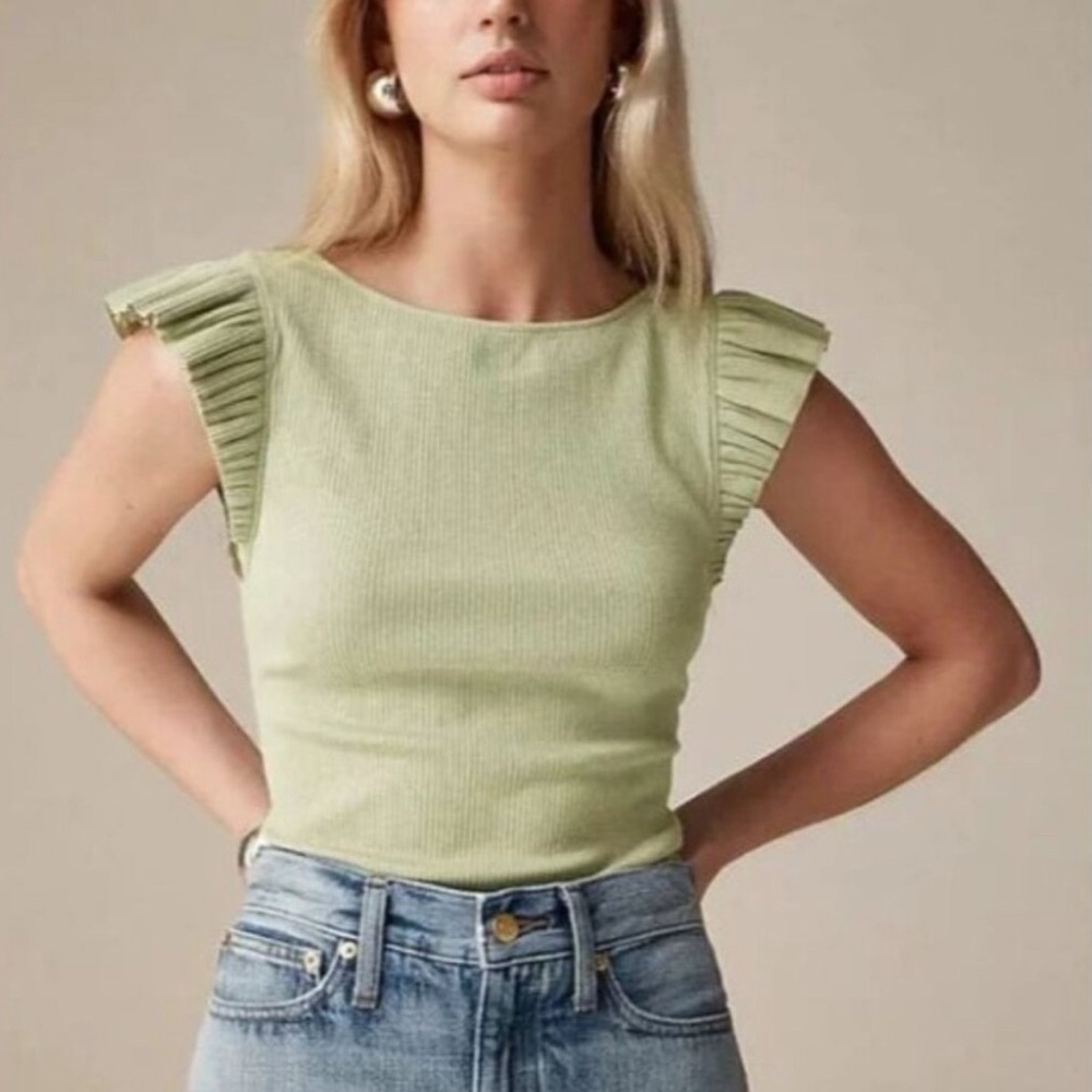 J. Crew Women's Green Rib Ruffle Sleeve Top - Picture 8 of 8
